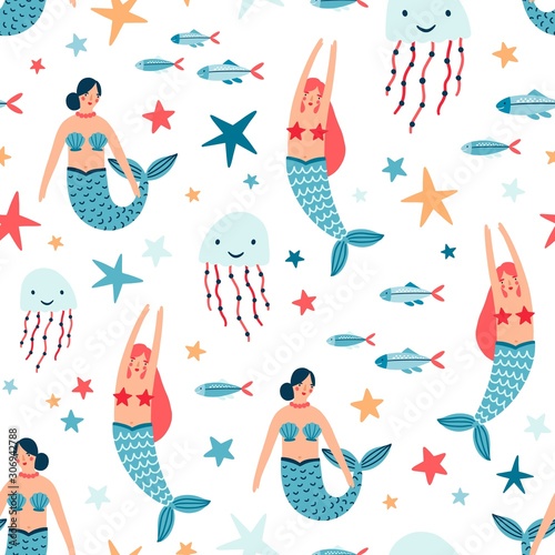 Underwater inhabitants flat vector seamless pattern