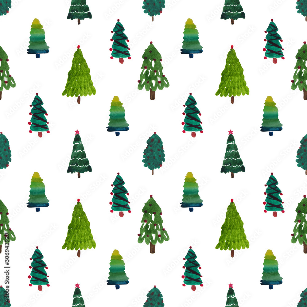 watercolor painting designed and decorated Christmas trees in seamless pattern on white background