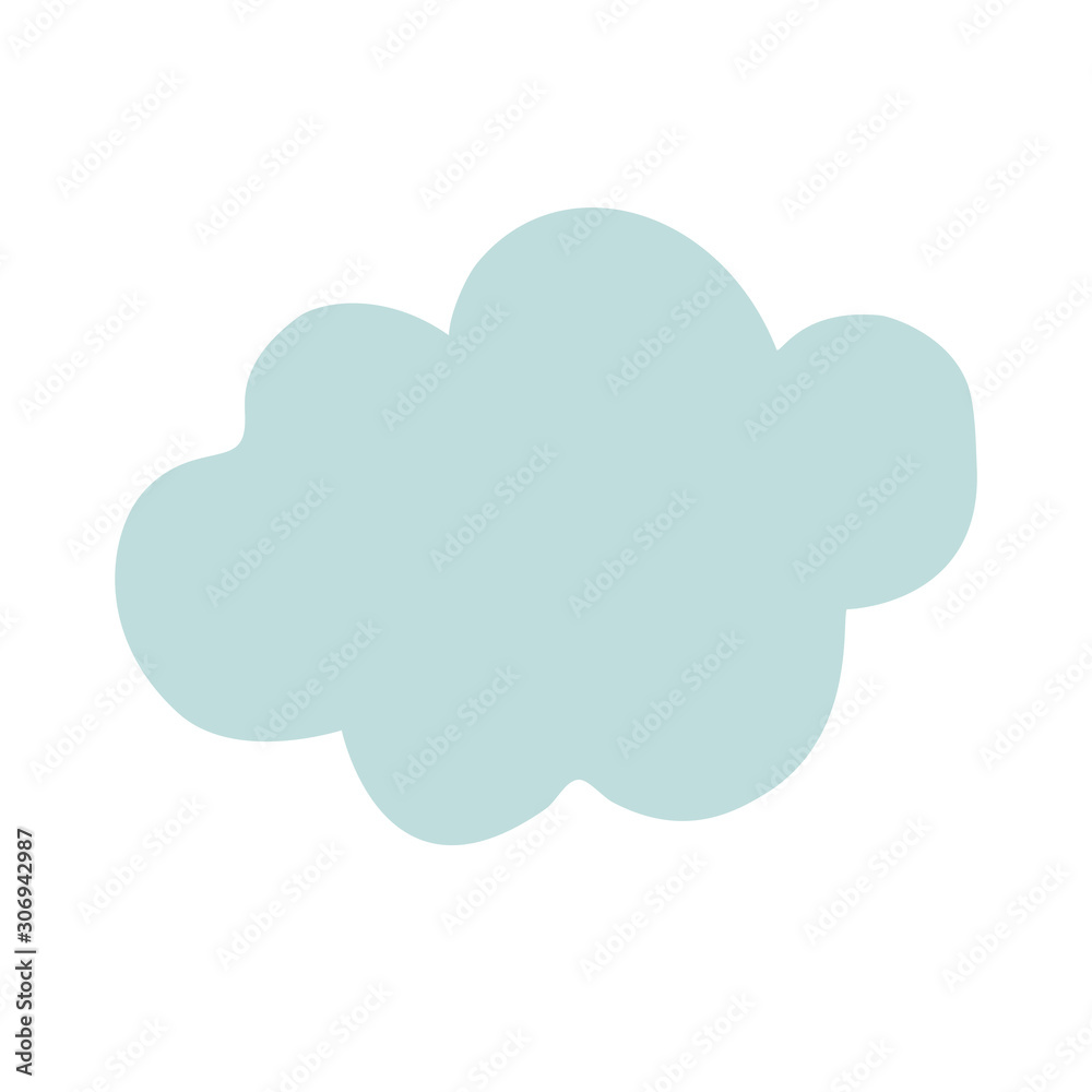 Fluffy blue gray cloud. A cute trendy symbol. Mute colored climate change, ecology themed hand drawn icon, clip art, doodle. Arty design element for projects from packaging to climate change awareness