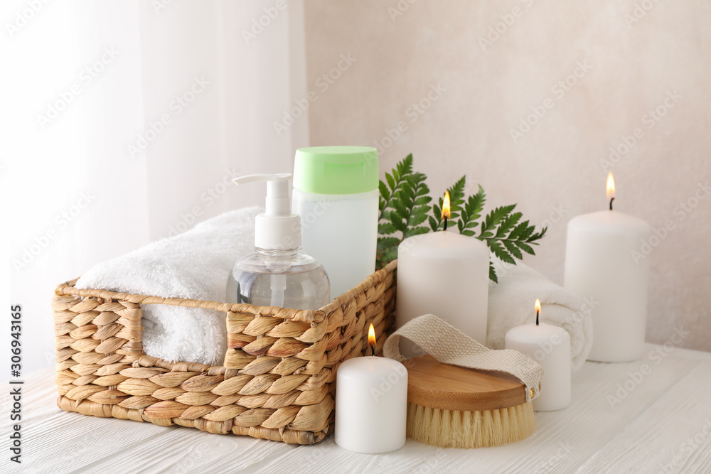 Composition with spa accessories on white background. Bodycare
