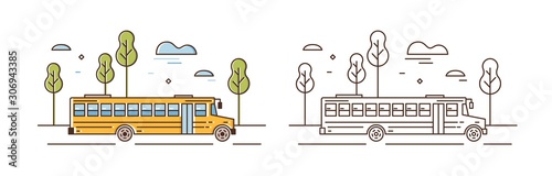 Yellow school bus linear vector illustration. Student transportation on street. Academic vehicle isolated on white background. Primary education. Public transport outline design element.