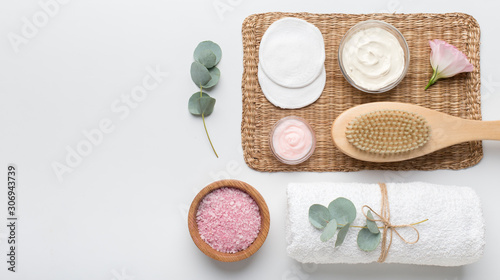Zero waste spa accessories with organic cosmetics for body healthcare and treatment