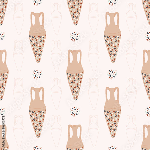 Seamless pattern with amphorae and terrazzo texture on beige background. Mediterranean antique background in flat style for Wallpaper, tile design, fabric, textile. Vector stock illustration