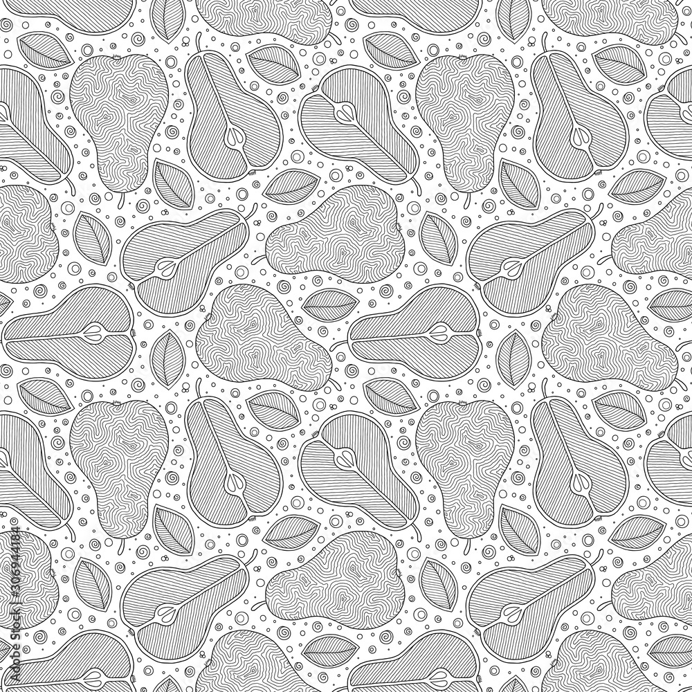 Hand drawn pears and leaves for anti stress coloring page