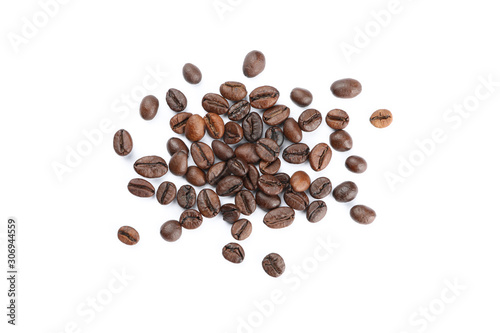 Heap of coffee beans isolated on white background, top view