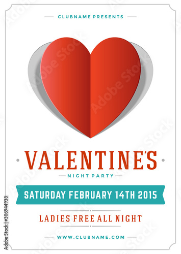 Happy valentines day party poster or flyer design template vector illustration and paper heart shape