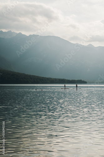 silhouette of couple paddle boarding on Bohinj lake, Slovenia. Two people on Stand Up Paddle Board in the middle of lake. Mountains in the background. Branches in the foreground. Selective focus