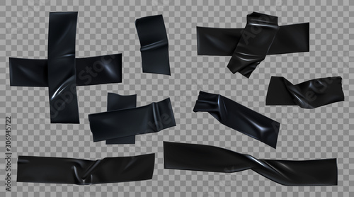Black duct tape set. Insulating adhesive wrinkled stripes and cross glued sticky scotch pieces for fix, repair or packaging purpose isolated on transparent background Realistic 3d vector illustration