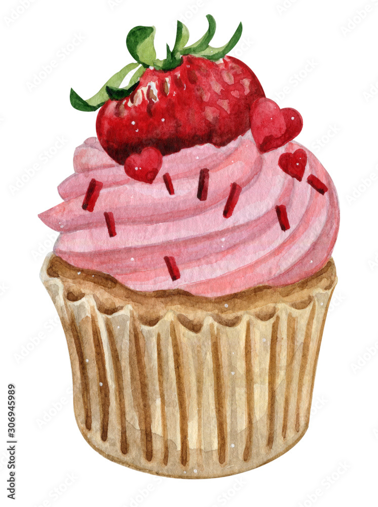 Watercolor illustration of sweet and tasty cupcakes with cream Delicious food illustration. Watercolor illustration of sweet and tasty cupcakes with cream Delicious food illustration.