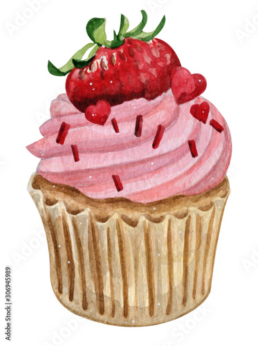 Watercolor illustration of sweet and tasty cupcakes with cream Delicious food illustration.