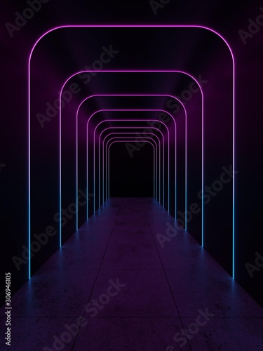 Fluorescent Lights Abstract Grunge Concrete Tunnel Room Sci Fi Futuristic Stage Empty Night Background 3D Rendering Illustration