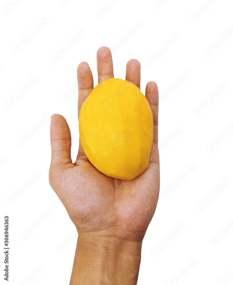 Single peeled mango in the palm isolated on white background. Yellow mango fruit in closeup Single peeled mango in the palm isolated on white background. Yellow mango fruit in closeup