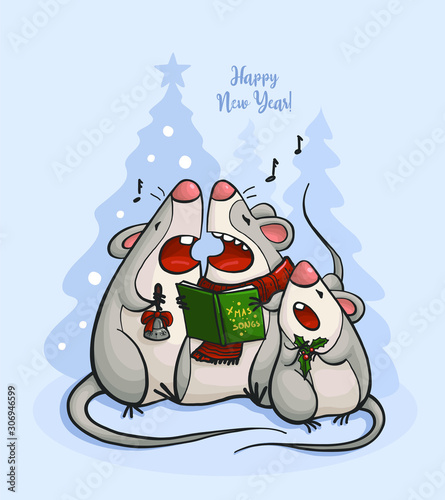 Rats singing Christmas songs. The symbol of the new year. Figures of Christmas trees, forest, rat, songs, song book, bell, scarf, star. Holiday ornament