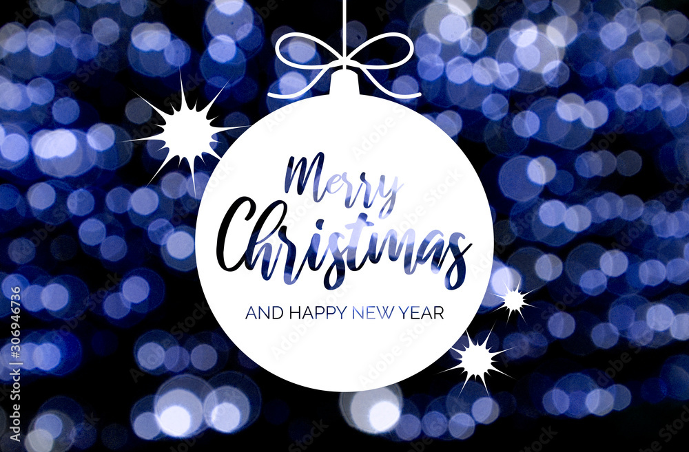 Merry Christmas and Happy New Year sign with blue and white blur effect. Blue blurred bokeh wallpaper. Festive blur backdrop. Christmas greeting card. Glossy blue and white background
