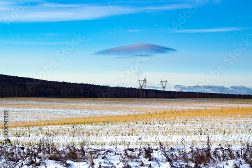 Snow-covered field with a straw, dark forest and blue sky. Winter landscape.
