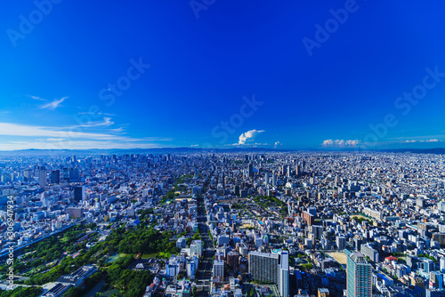 都市風景 大阪 関西 日本 キタ パノラマ ハイアングル 鳥瞰図 快晴 青空 都市 ビジネス 不動産