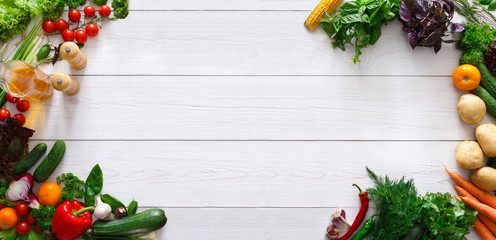 Frame of fresh organic vegetables with spices and oil