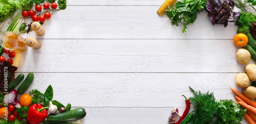 Frame of fresh organic vegetables with spices and oil