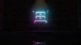 3D rendering of blue violet neon symbol of nightstand icon on brick wall