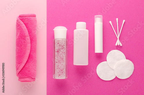 Photos make up remove products, micellar water, face cleaning cloth, cleansing milk and