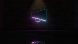 3D rendering of blue violet neon symbol of notification icon on brick wall