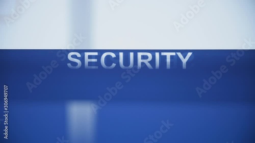 Close-up text security on blue tape barrier at airport. People awaiting in line for customs inspection before boarding an airplane