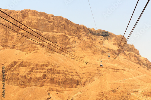 Cable car to ruins of palace and fortress Masada on Judaean Desert rock plateau, Israel