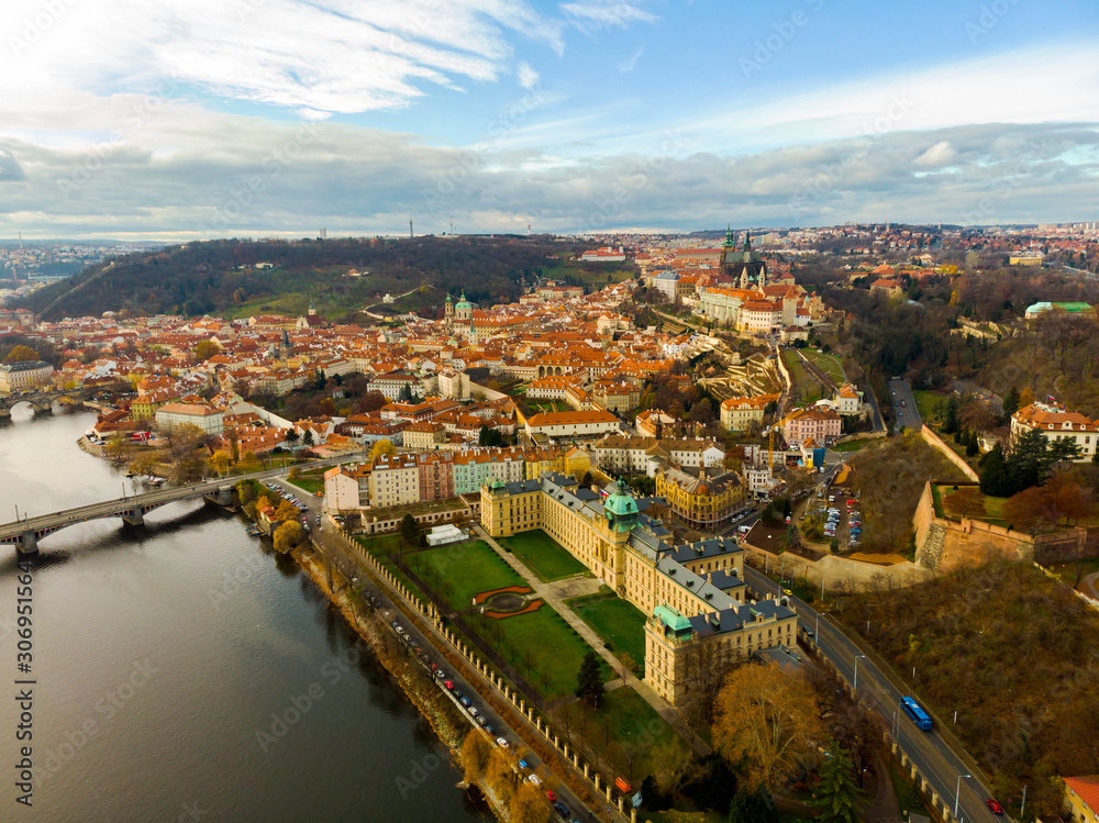Aerial Panoramic View over The Prague City, River, Bridges, Castle and Old Town, Czech Republic