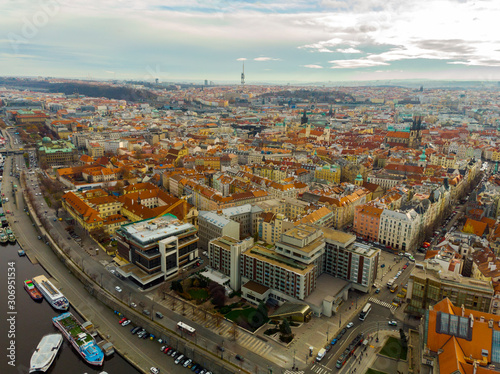 Aerial Panoramic View over The Prague City, River, Bridges and Old Town, Czech Republic