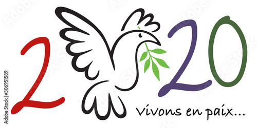 Fototapeta Naklejka Na Ścianę i Meble -  Illustration d’une colombe tenant dans son bec un rameau d’olivier, pour souhaiter une année 2020 sous le signe de la paix dans le monde.