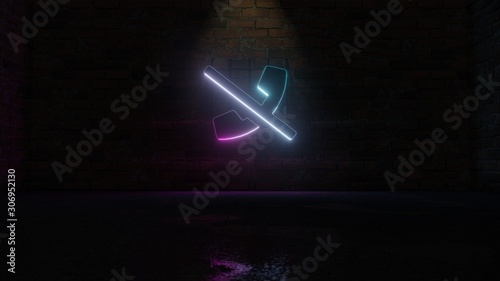 3D rendering of blue violet neon symbol of phone slash icon on brick wall