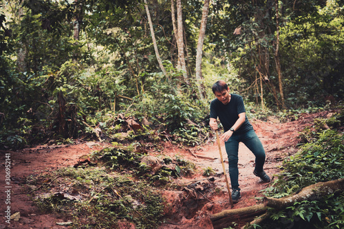 local adventure travel activity from traveler man use wood for support walk and his leg after accident in forest with soft focus tropical forest background