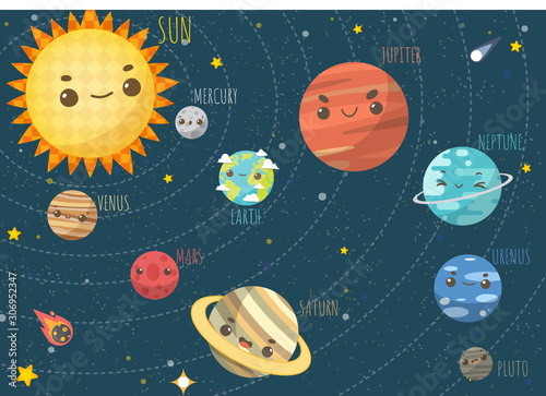Set of Universe, The Colorful Solar System. Planet and space element on universe background. Vector illustration in cartoon style.