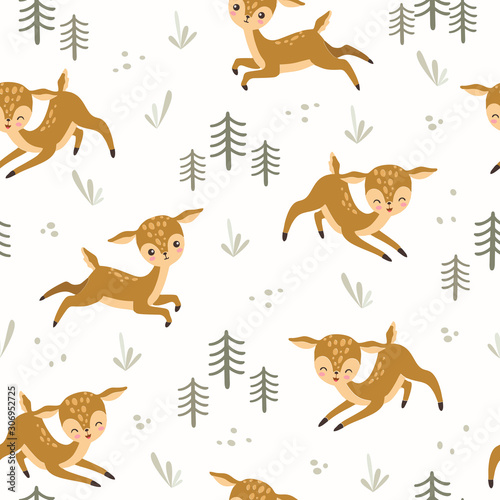 Seamless pattern with cute deers. Cartoon Animals Background, Vector Illustration © LindaAyu