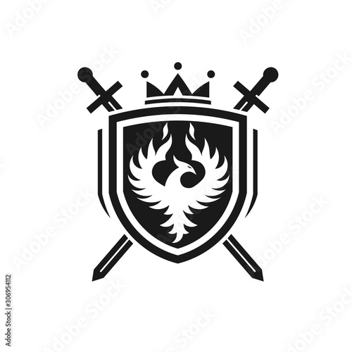 creative and memorable Phoenix with shield sword and crown Vector Logo Template