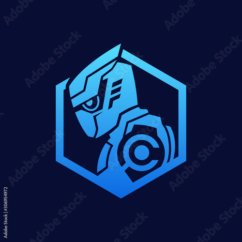 Detailed Robot on hexagon shape symbol logo design 