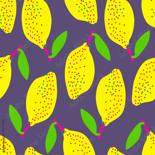 Modern seamless stylized design with citrus in pop-art style. Can be used for printing on paper, packaging, decorations, cards, textiles. 