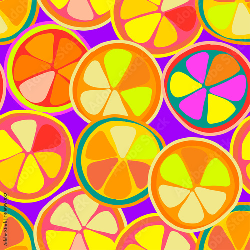 Modern seamless stylized design with citrus in pop-art style. Can be used for printing on paper, packaging, decorations, cards, textiles. 