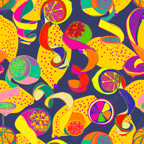Modern seamless stylized design with citrus in pop-art style. Can be used for printing on paper, packaging, decorations, cards, textiles. © Tatiana Lapteva