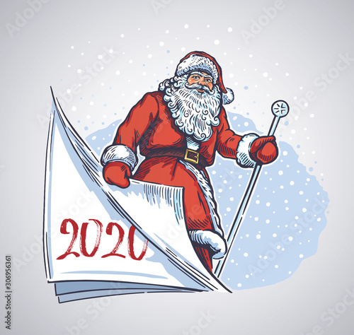 Cheerful santa turning a page, symbolic of a the portrayed time of the past year, and the coming next.