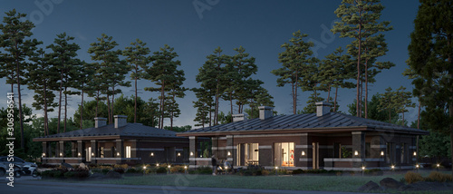 3d render of a modern private house facades, gated community, illuminated night view © Free_styler
