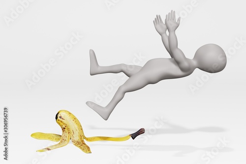 3D Render of Cartoon Charcter Falling on Banana Peel