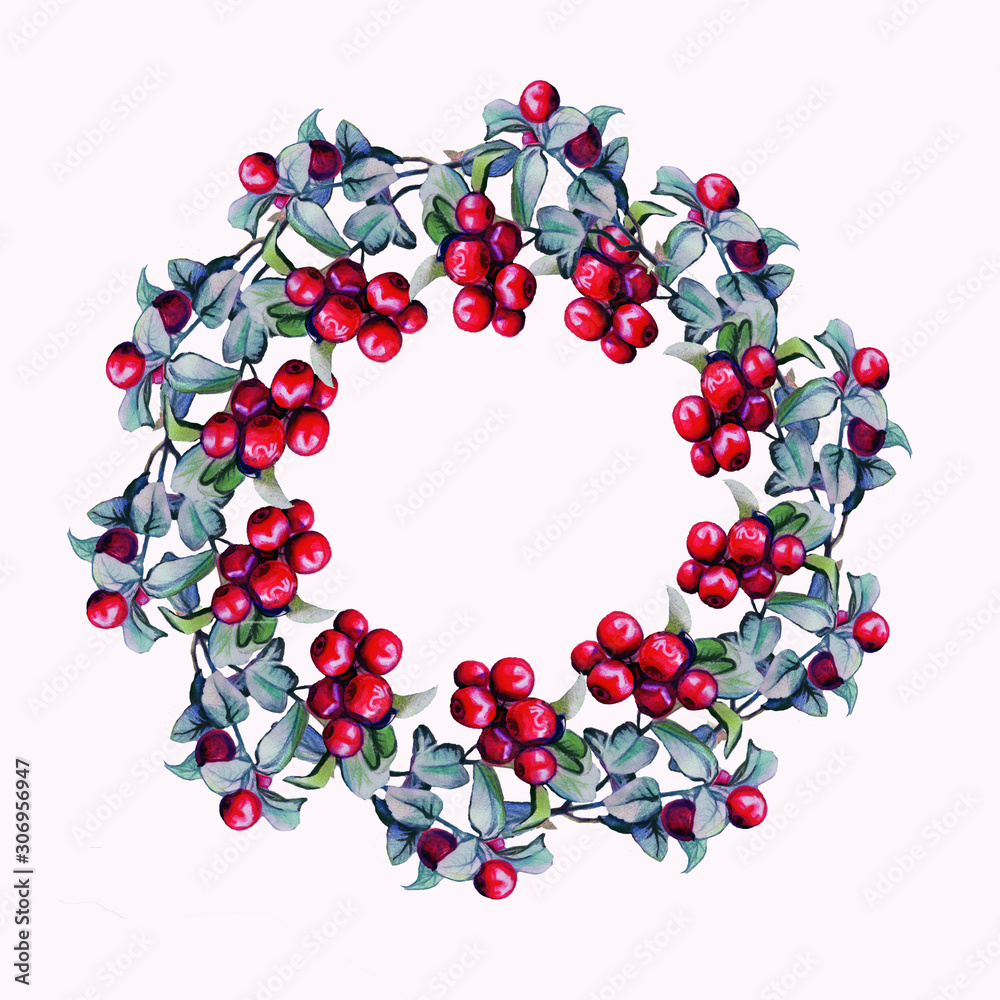 Obraz premium wreath of red berries with green leaves