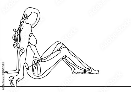 Beautiful young girl on the summer beach- continuous line drawing