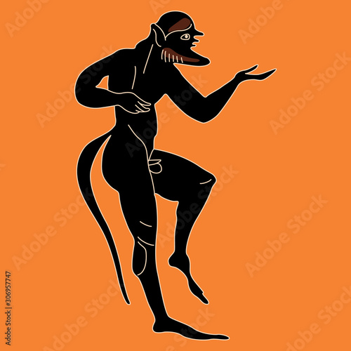 Silhouette of ancient Greek satyr. Vase painting style. Funny mythological male character.