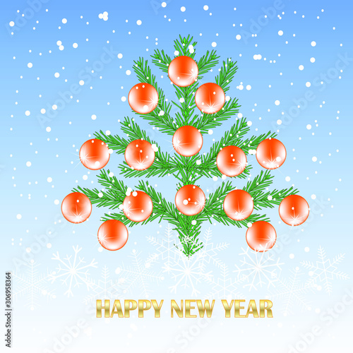 Christmas tree, red ball, snowflax, New Year on blue congratulation card for web, for print art design elements stock vector illustration for web, for print photo