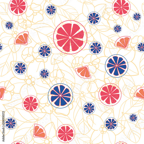 Vector orange blossom seamless pattern with blue and orange citrus slices, yellow leaves, white background.