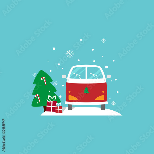 vector winter illustration with stylized red santa van, decorated christmas tree and gifts, best for your Christmas design