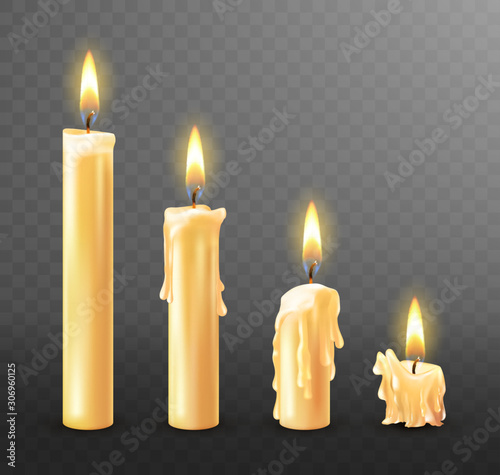 Burning candle with dripping or flowing wax, realistic vector illustration. White candles with golden flame lit and melted wax isolated on transparent background. Church or Christmas collection photo