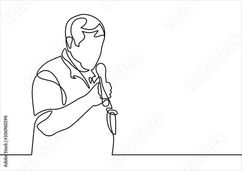 Man is speaking on indoor business conference for managers- continuous line drawing